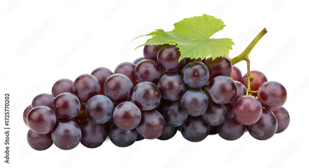Obraz premium A fresh bunch of ripe purple grapes with a green leaf, a plain food object isolated on a clean white background for easy cutout