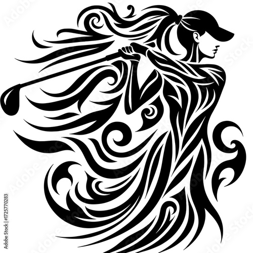 Female golfer swinging a club in dynamic tribal vector art  