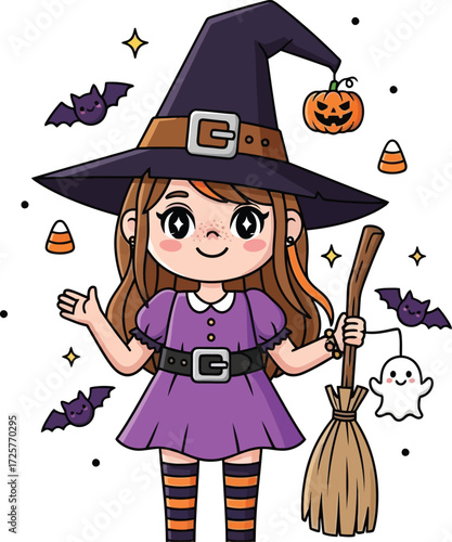 Cartoon witch girl in purple dress with hat broom bats and pumpkin on a white background illustration