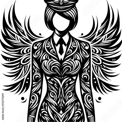 Female flight attendant with stylized angel wings in black and white  