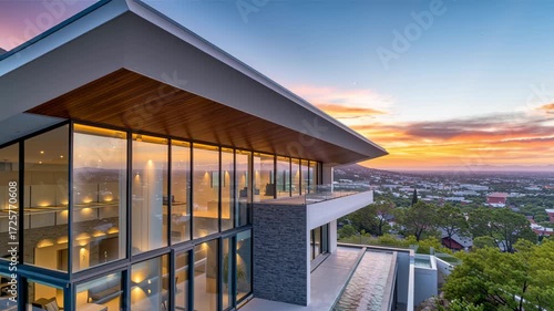 Stunning luxury modern house with beautiful architecture and an infinity pool. tranquil real estate home offering serene mountain view of beautiful sunset landscape