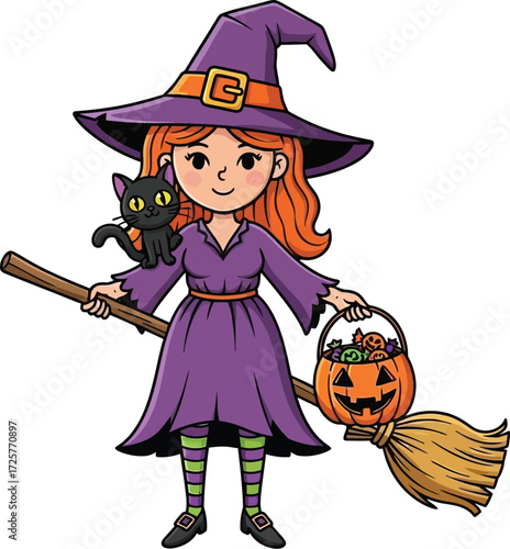 A cartoon witch with a black cat a broom and a pumpkin basket full of halloween candies on white