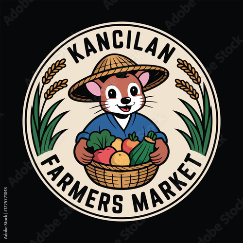 Kancilan farmers market cute cartoon mouse character with basket of fresh produce