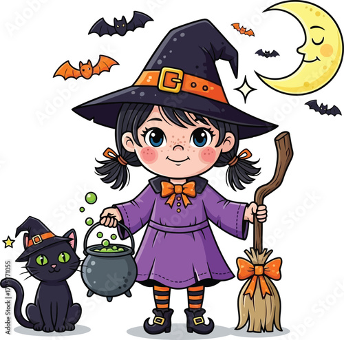 A cartoon witch girl with a black cat cauldron broom bats and a moon on a white background