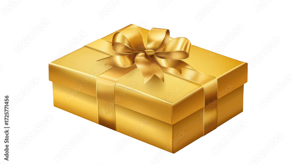 Obraz premium A beautifully wrapped golden gift box with a shiny ribbon. symbolizing celebration and joy. perfect for festive occasions like birthdays or holidays. set against a clean white background