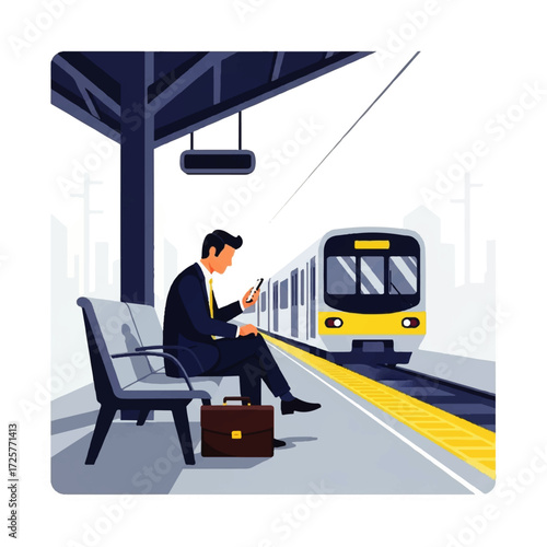 Man waiting at train station platform checking his phone.