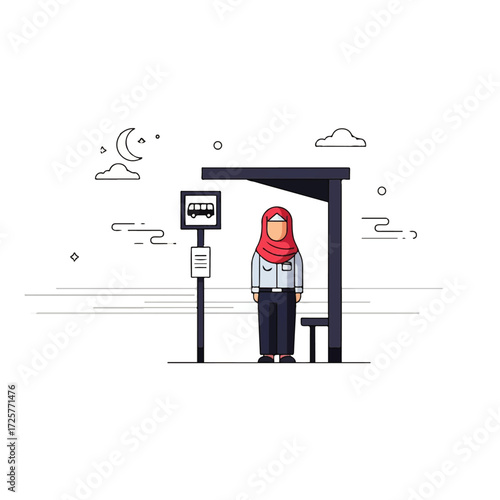 Illustration of a woman in hijab waiting at a bus stop at night.