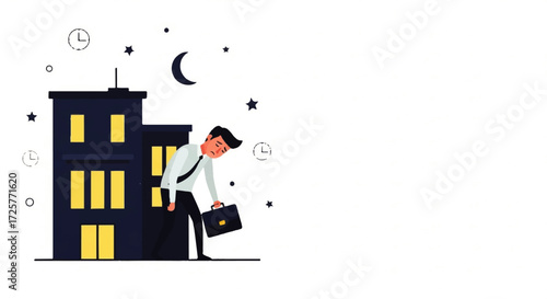 Tired businessman leaving office late at night with briefcase.