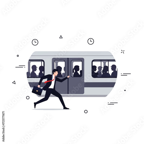 Man running to catch a train, with passengers visible inside.