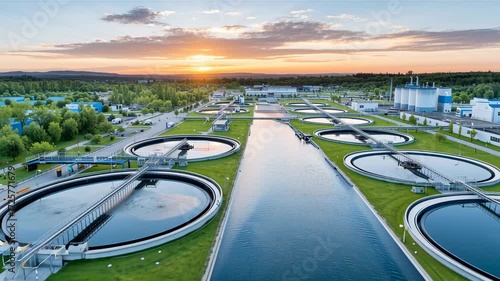 Aerial sunset over modern industrial water treatment plant. cutting edge facility showcasing advanced purification technology for wastewater management for sustainable environment