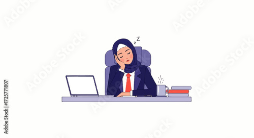 Illustration of a woman wearing a hijab sleeping at her desk in an office.