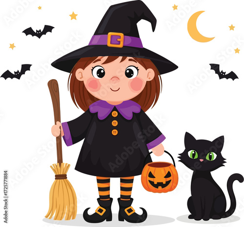 A cartoon witch with a black cat holding a pumpkin bucket and a broom on white background
