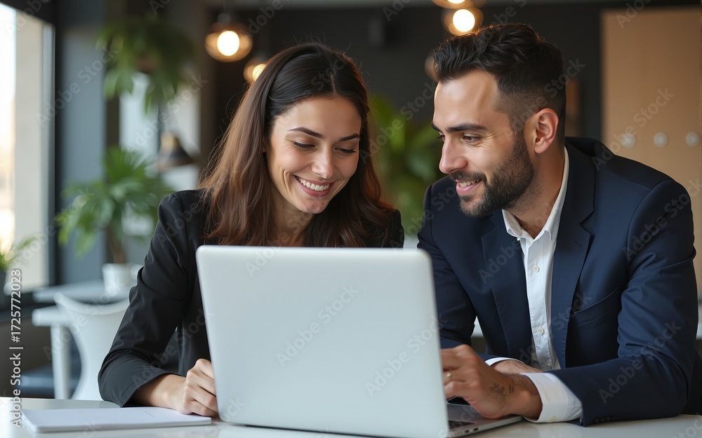 Fototapeta premium Mature Latin business man and European business woman discussing project on laptop gadget in office. Two diverse partners, colleagues, team of confident professional business people work together.