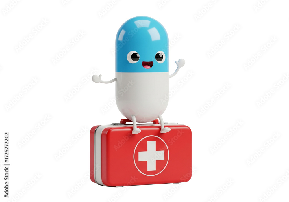 Fototapeta premium Adorable 3D Pill Character Sitting on First Aid Kit - Healthcare, Medicine, and Emergency Help Concept