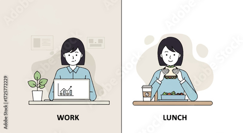Illustration of a woman working and having lunch at her desk.