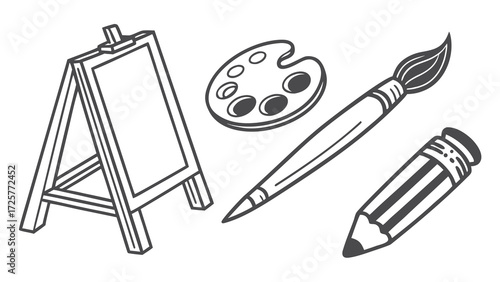Monochrome line art collection of artist tools: an easel paint palette paintbrush and pencil.