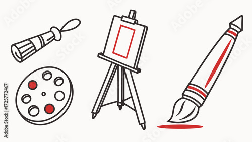Artistic tools including easel paintbrush palette and ink pen.