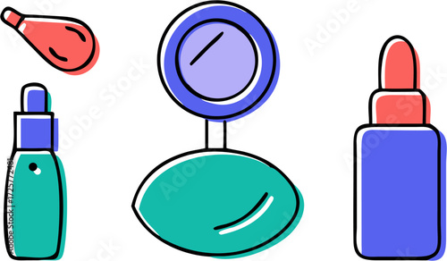 Colorful Hand-Drawn Cosmetic Set: Serum Bottle Lipstick Compact Mirror Lip Balm.