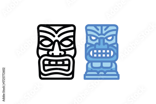Two stylized tiki mask icons one in black and white outline and the other in a vibrant blue color