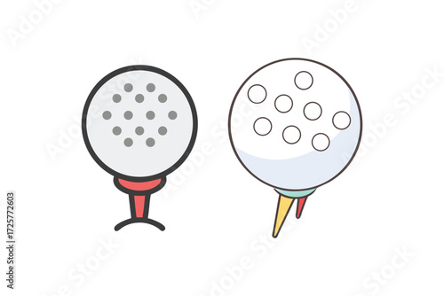 Two cartoon golf balls one on a red tee and another with a colorful tee against a white background