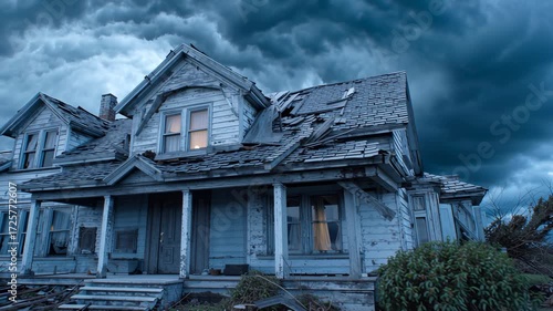 Spooky old abandoned haunted house, creepy and scary dilapidated building under dark dramatic storm sky, creating mysterious atmosphere filled with horror and fear