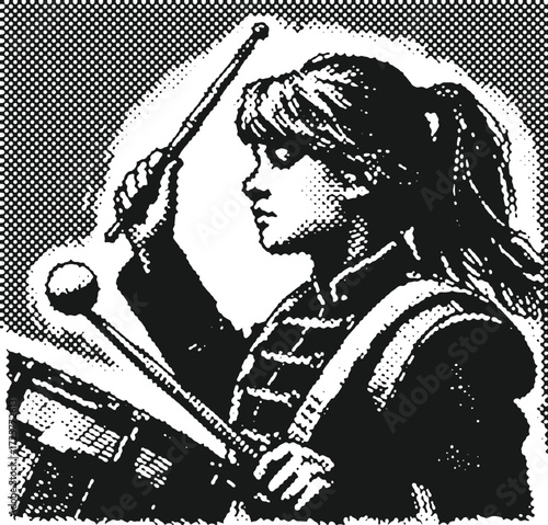 Vintage Halftone Drummer Girl Wall Art | Retro Black & White Musician Canvas Print | Marching Band Illustration for Home Decor | Monochrome Music-Themed Artwork