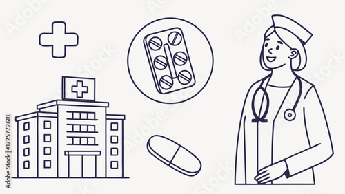 Line Art Illustration of a Smiling Female Doctor with Stethoscope.