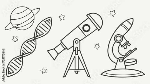 Scientific Discovery Icons: Telescope DNA Planet Microscope Stars.