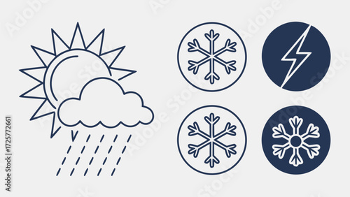 Line Art Sun Cloud Rain and Snowflake Weather Icons.
