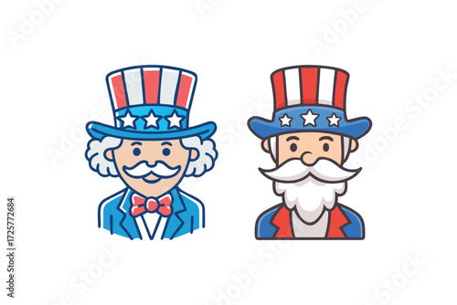 Two cartoon uncle sam characters wearing patriotic hats and outfits celebrating american independence day