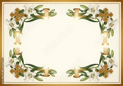 Floral frame with lilies crosses and candles in each corner surrounded by a gold double border