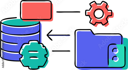 Vibrant Doodle Style Data Flow Diagram: Database Folder and Gear Icons.