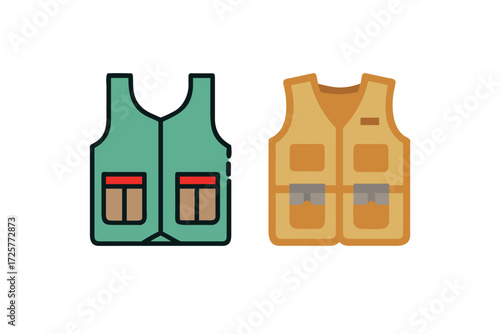 Two flat design cartoon style vests one green and one yellow with multiple pockets for outdoor activities