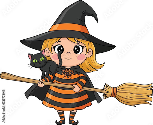 A cartoon witch with a black cat on her shoulder holding a broom on a white background art
