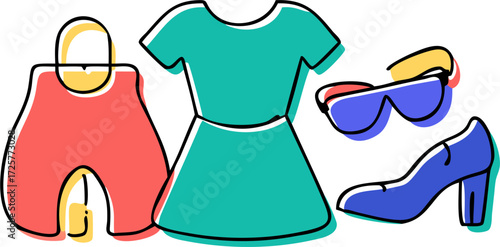 Colorful Fashion Illustration of Dress Bag Sunglasses and Heels.