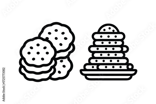 Simple black and white line art illustration of two piles of round cookies with small dots representing chocolate chips or seeds