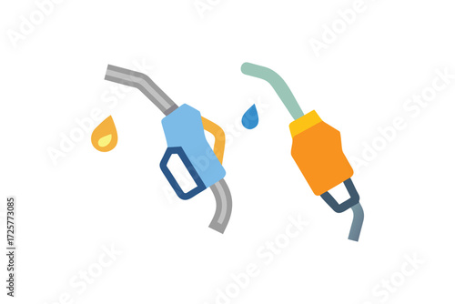 Two colorful fuel nozzles with dripping fuel drops representing gasoline and diesel pumps at a gas station
