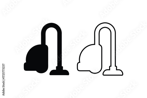 Simple silhouette and outline icons of upright vacuum cleaners for home cleaning and household chores
