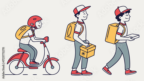 Delivery Service: Cartoon Couriers with Scooter Box and Insulated Backpacks.