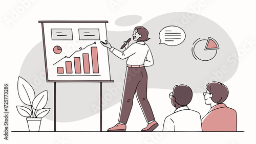 Modern line art illustration of a businesswoman presenting financial data on a flip chart during a seminar.