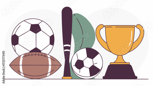 Illustrated Set of Sports Equipment: Soccer Balls American Football Baseball Bat and Gold Trophy.