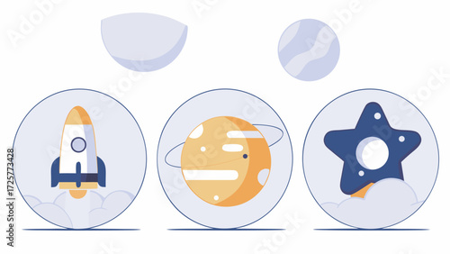 Stylized Rocket Planet and Star Icons in Circular Frames.