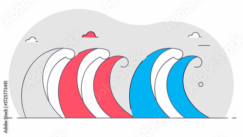 Stylized Red and Blue Waves Crashing with Minimalist Clouds.