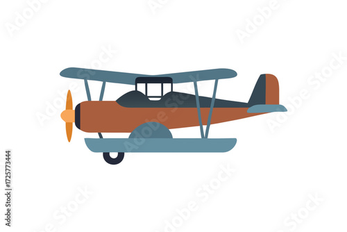 Retro biplane seaplane with two wings and propeller flying over water vintage aircraft illustration