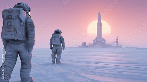 Hopeful astronaut explorer team begins futuristic journey, their determined mission an epic exploration across vast snow landscape towards distant rocket at sunrise