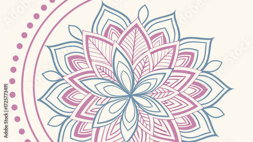 Elegant floral mandala with intricate pink and blue lotus petal design and leaf vein details.