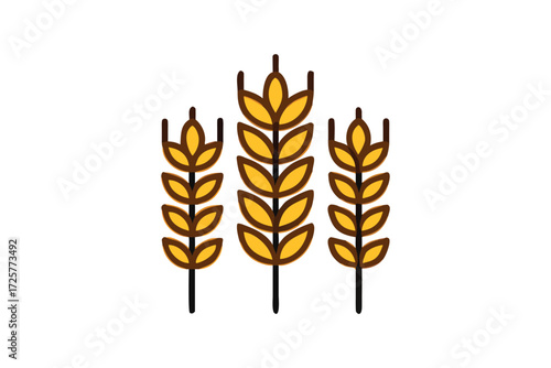 Stylized illustration of three golden wheat stalks with detailed kernels against a clean white background representing agriculture and harvest
