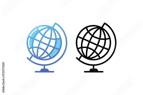 Two stylized globe icons one with a blue gradient and the other a simple black outline representing global concepts and geography