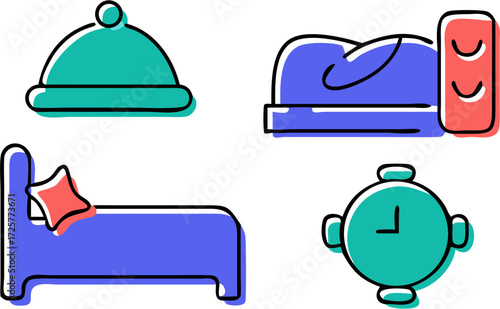Colorful sleep-related icons: nightcap sleeping person bed and alarm clock in doodle style.