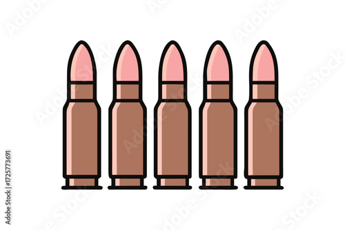 Five stylized rifle cartridges lined up in a row against a white background representing ammunition and weaponry concepts